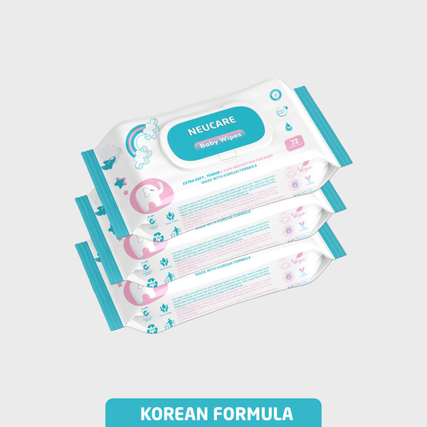 Neucare Baby Wet Wipes with Lid (Korean Formula, 216 Wipes) Pack of 3